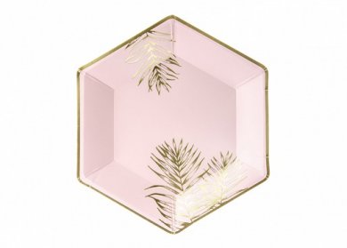 Pink Paper Plates with Gold Tropical Leaves (6pcs)
