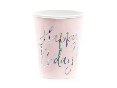 Pink Paper Cups with Happy Birthday Holographic Print (6pcs)
