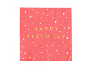 Rose Coral Beverage Napkins with Gold Foiled Happy Birthday and Colorful Splashes (16pcs)