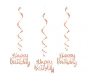 Rose Gold Happy Birthday Swirl Decorations (3pcs)