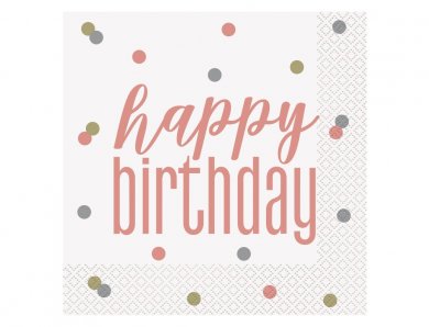 Ροζ Χρυσό με Πουά Happy Birthday Χαρτοπετσέτες (16τμχ)