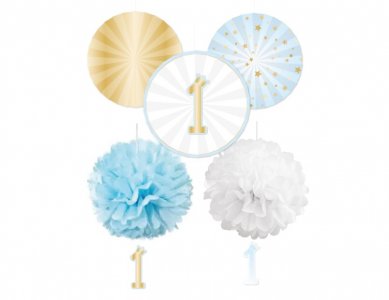 First Birthday Boy Decoration Kit with Fans and Fluffys (5pcs)