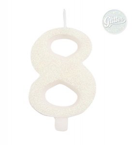 White with Glitter Cake Candle Number 8 (7,5cm)
