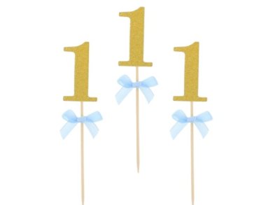 Gold Glitter Decorative Picks with Number 1 and Blue Bows (10pcs)