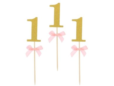 Χρυσές Γκλιτεράτες Διακοσμητικές Οδοντογλυφίδες με Τον Αριθμό 1 και Ροζ Φιογκάκια (10τμχ)