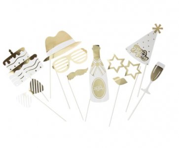 Gold and White Happy Birthday Photo Booth Props (10pcs)