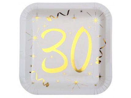 White large square paper plates with number 30 in gold foiled print 10pcs