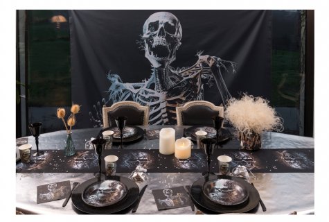 Large fabric banner in black color with the resurrected skeleton design for a Halloween theme party
