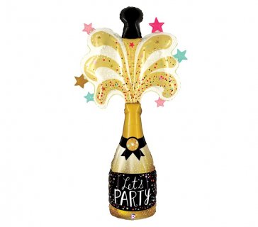 Extra large foil bottle shaped balloon with Let's Party print 150cm.