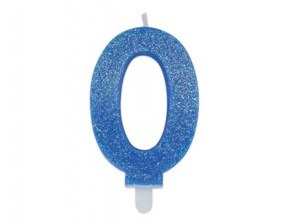 Κεράκι για τούρτα γενεθλίων με τον αριθμό 0 σε ανοιχτό μπλε χρώμα με γκλίτερ 8εκ