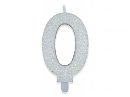 Number 0 birthday cake candle in white with glitter color 8cm