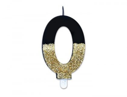 Prestige birthday cake candle with the number 0 in black color with gold glitter 8cm