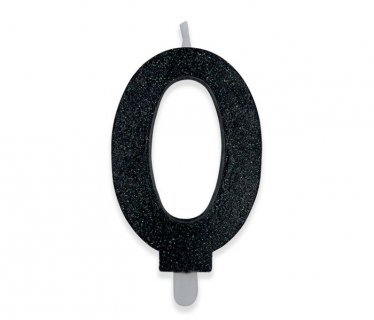 Number 0 black cake candle with glitter 8cm
