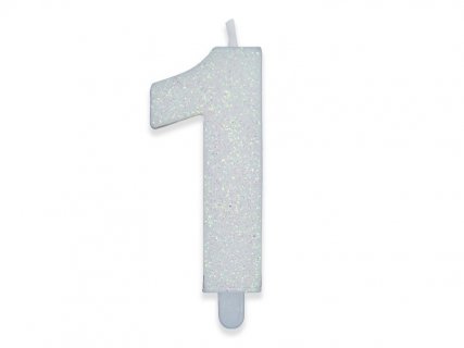 Number 1 birthday cake candle in white with glitter color 8cm