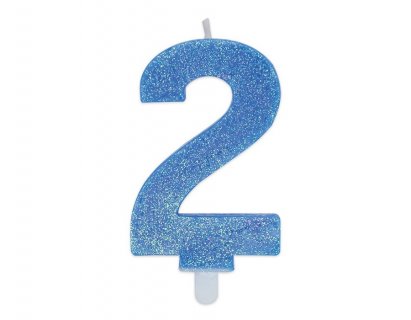 Κεράκι για τούρτα γενεθλίων με τον αριθμό 2 σε ανοιχτό μπλε χρώμα με γκλίτερ 8εκ
