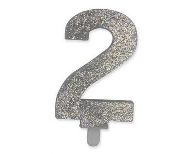 Number 2 birthday cake candle in silver color with glitter 8cm