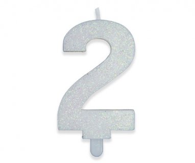 Number 2 birthday cake candle in white color with glitter 8cm