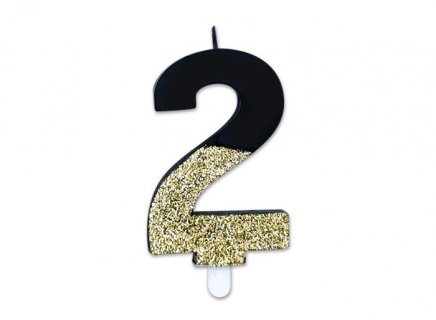 Prestige black and gold glitter birthday cake candle with the number 2 8cm