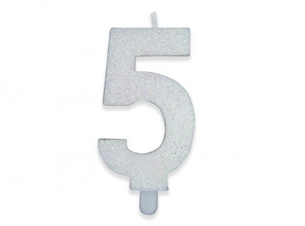 Number 5 birthday cake candle in white with glitter color 8cm
