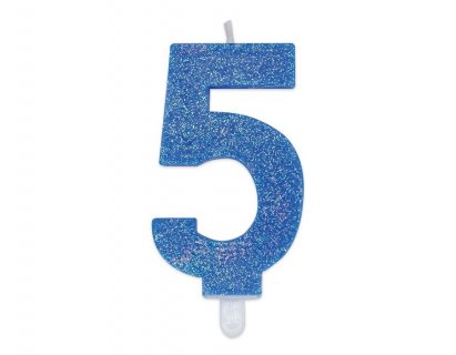 Κεράκι για τούρτα γενεθλίων με τον αριθμό 5 σε γαλάζιο χρώμα με γκλίτερ 8εκ