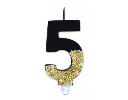 Prestige number 5 birthday cake candle in black color with gold glitter 8cm