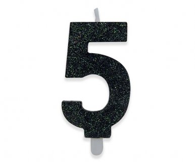 Number 5 cake candle in black color with glitter 8cm