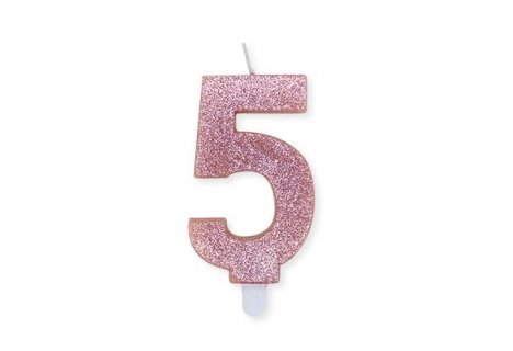 Number 5 birthday cake candle in rose gold color with glitter 8cm