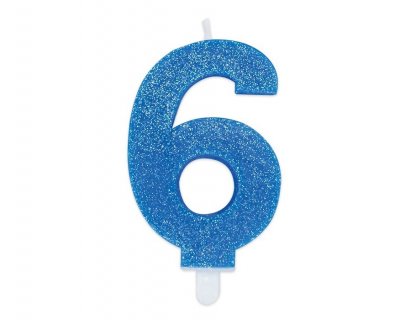 Number 6 birthday cake candle in light blue color with glitter 8cm