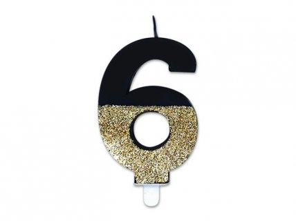 Number 6 prestige black birthday cake candle with gold glitter 8cm