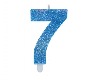 Number 7 cake candle in light blue color with glitter 8cm