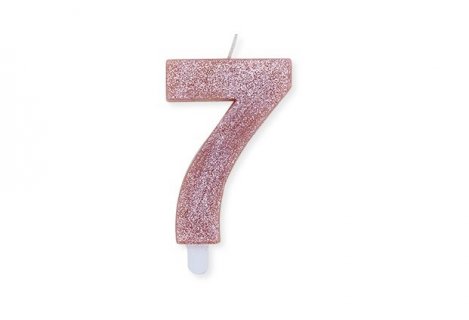 Number 7 birthday cake candle in rose gold with glitter color 8cm