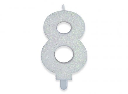 Number 8 birthday cake candle in white with glitter color 8cm