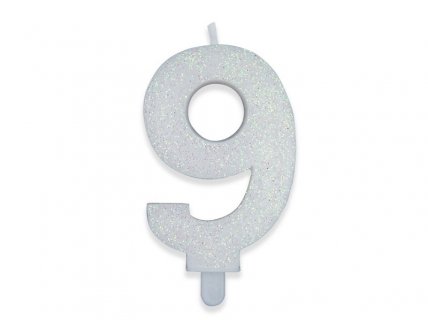Number 9 birthday cake candle in white with glitter color 8cm