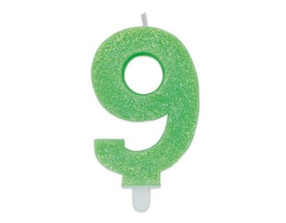 Number 9 birthday cake candle in lime green with glitter color 8cm
