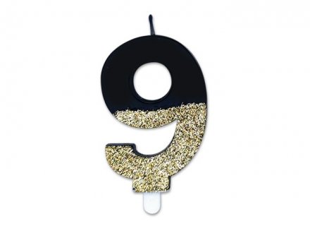 Prestige number 9 birthday cake candle in black color with gold glitter 8cm