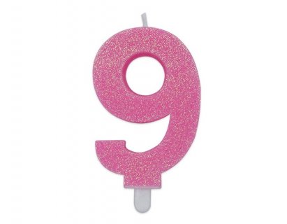 Number 9 birthday cake candle in pink with glitter color 8cm
