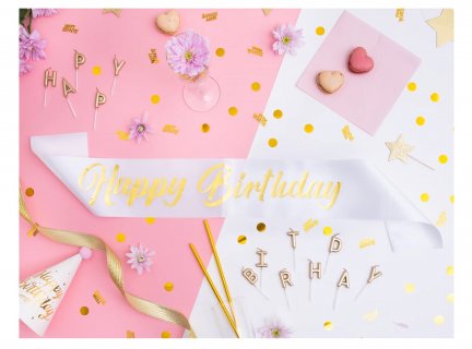 Άσπρη κορδέλα με χρυσά γράμματα Happy Birthday για πάρτυ γενεθλίων