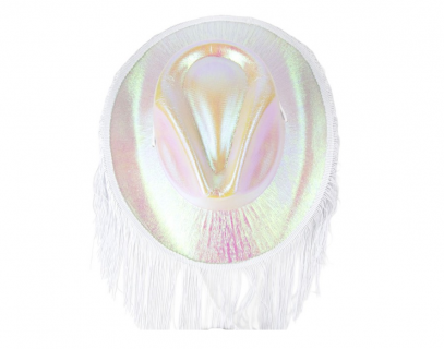 White iridescent hat with fringe for a bachelorette party