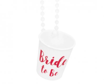 White bead necklace with a shot glass and fucshia Bride to Be print for a bachelorette party