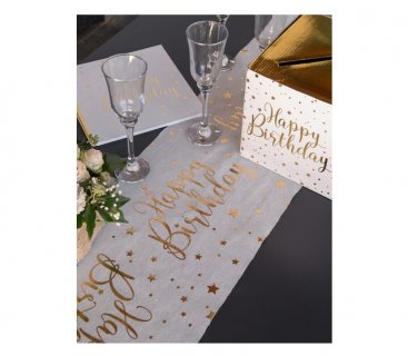 Decorative table runner in white color with gold Happy Birthday print