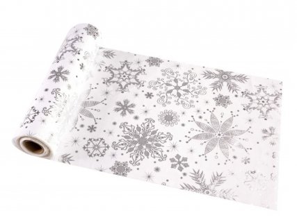 White velvet table runner with silver foiled snowflakes print 28cm x 300cm