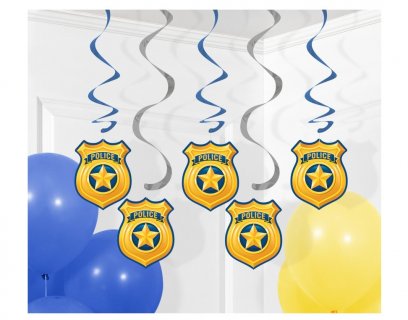 Hanging swirl decorations for a police theme party