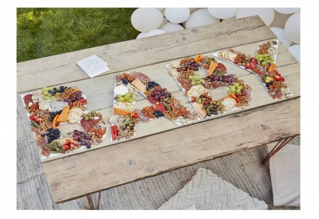 White grazing board with BABY letters for a baby shower theme party