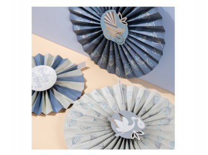 Decorative fans in cream and blue color with baby boy letters, stork and baby carriage design