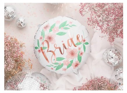 Foil balloon with flowers and Bride print for a bachelorette party theme decoration