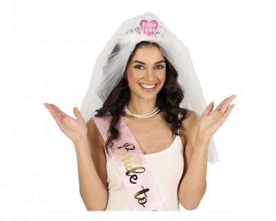 Bride to Be ασημένια τιάρα με φούξια καρδιά και λευκό πέπλο για bachelorette πάρτυ