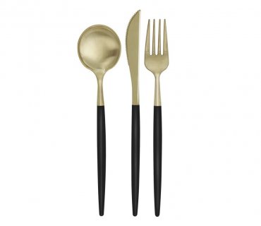 Plastic reusable cutlery set in black and gold color 12pcs