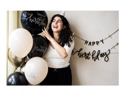 Black foil balloon with creme Happy Birthday print
