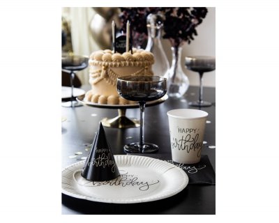 Large paper plates in creme color with black Happy Birthday print