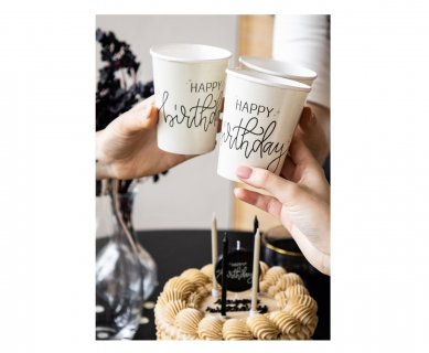 Paper cups in creme color with black Happy Birthday print